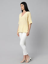 Sea & Mast - Regular Fit Checkered Poly Blend Tunic Short Kurti, V-Neck, Waist Length, Light Yellow, Custom