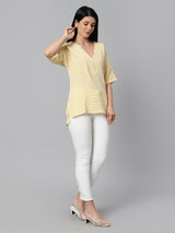 Sea & Mast - Regular Fit Checkered Poly Blend Tunic Short Kurti, V-Neck, Waist Length, Light Yellow, Custom