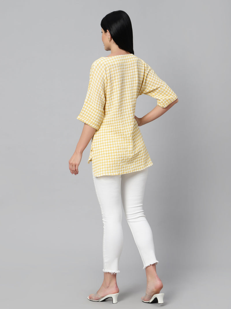 Sea & Mast - Regular Fit Checkered Poly Blend Tunic Short Kurti, V-Neck, Waist Length, Light Yellow, Plus Size