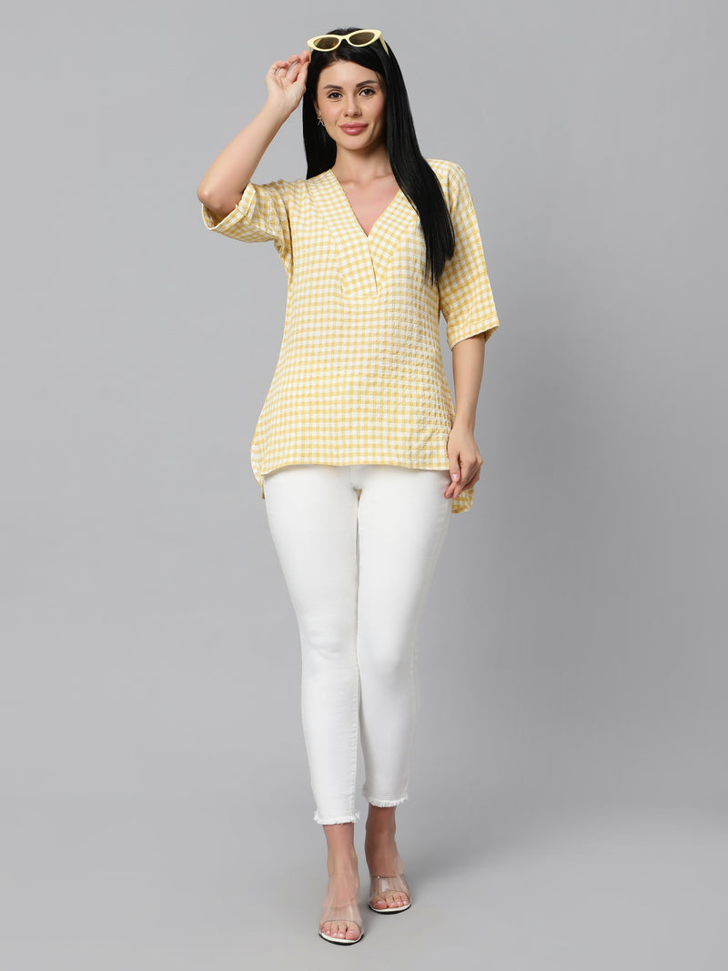 Sea & Mast - Regular Fit Checkered Poly Blend Tunic Short Kurti, V-Neck, Waist Length, Light Yellow