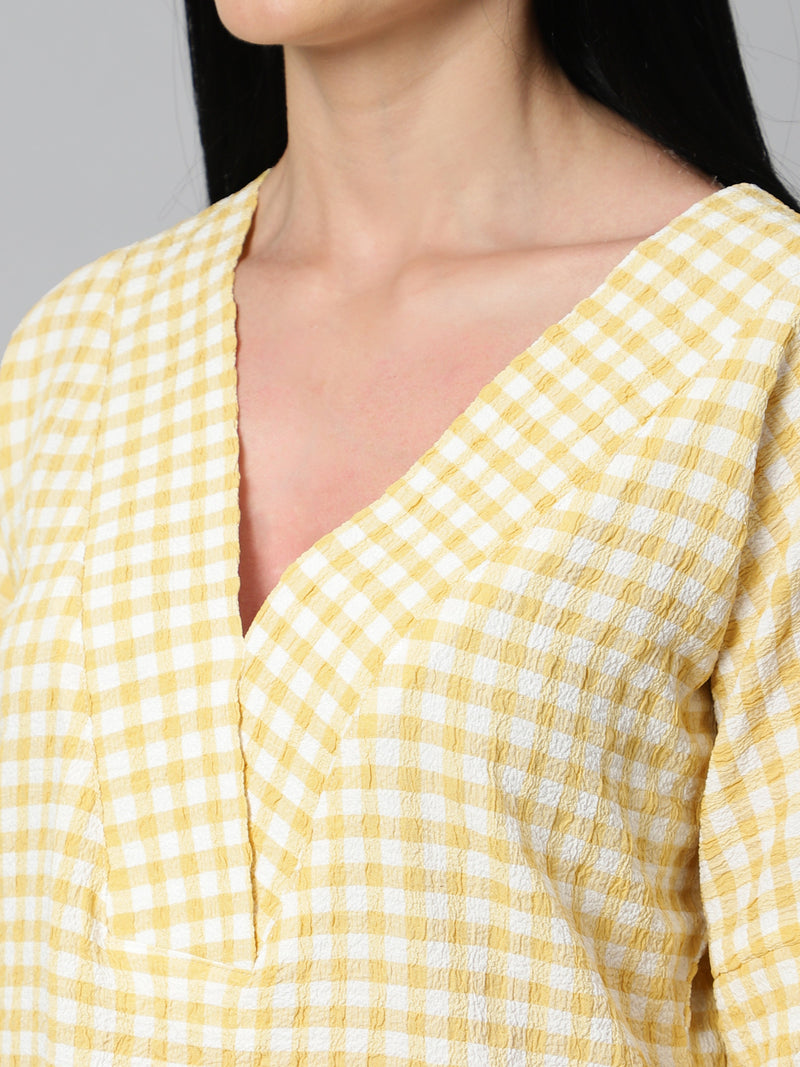 Sea & Mast - Regular Fit Checkered Poly Blend Tunic Short Kurti, V-Neck, Waist Length, Light Yellow, Custom