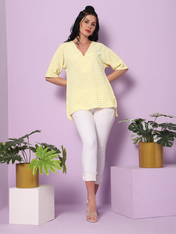 Sea & Mast - Regular Fit Checkered Poly Blend Tunic Short Kurti, V-Neck, Waist Length, Light Yellow, Custom