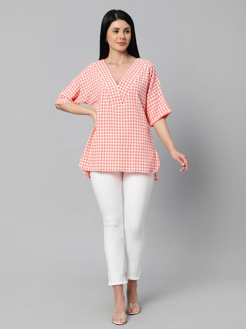 Sea & Mast - Regular Fit  Checkered Poly Blend Tunic Short Kurti, V-Neck Waist Length, Light Pink, Custom