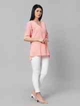 Sea & Mast - Regular Fit  Checkered Poly Blend Tunic Short Kurti, V-Neck Waist Length, Light Pink, Custom