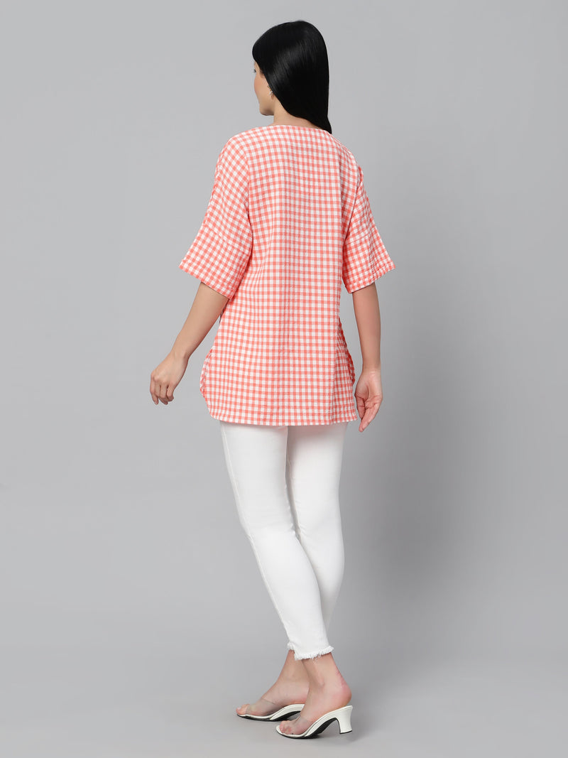 Sea & Mast - Regular Fit  Checkered Poly Blend Tunic Short Kurti, V-Neck Waist Length, Light Pink, Plus Size