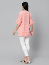 Sea & Mast - Regular Fit  Checkered Poly Blend Tunic Short Kurti, V-Neck Waist Length, Light Pink