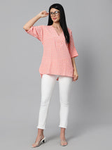 Sea & Mast - Regular Fit  Checkered Poly Blend Tunic Short Kurti, V-Neck Waist Length, Light Pink, Plus Size