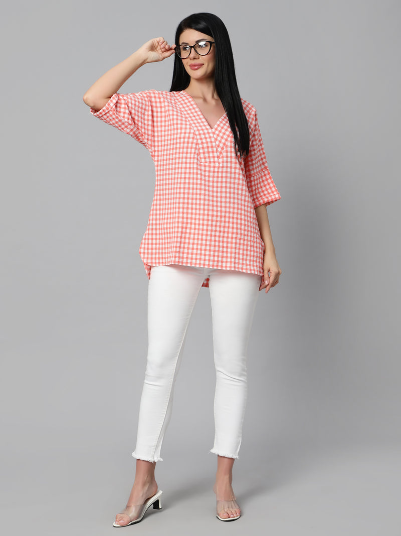 Sea & Mast - Regular Fit  Checkered Poly Blend Tunic Short Kurti, V-Neck Waist Length, Light Pink