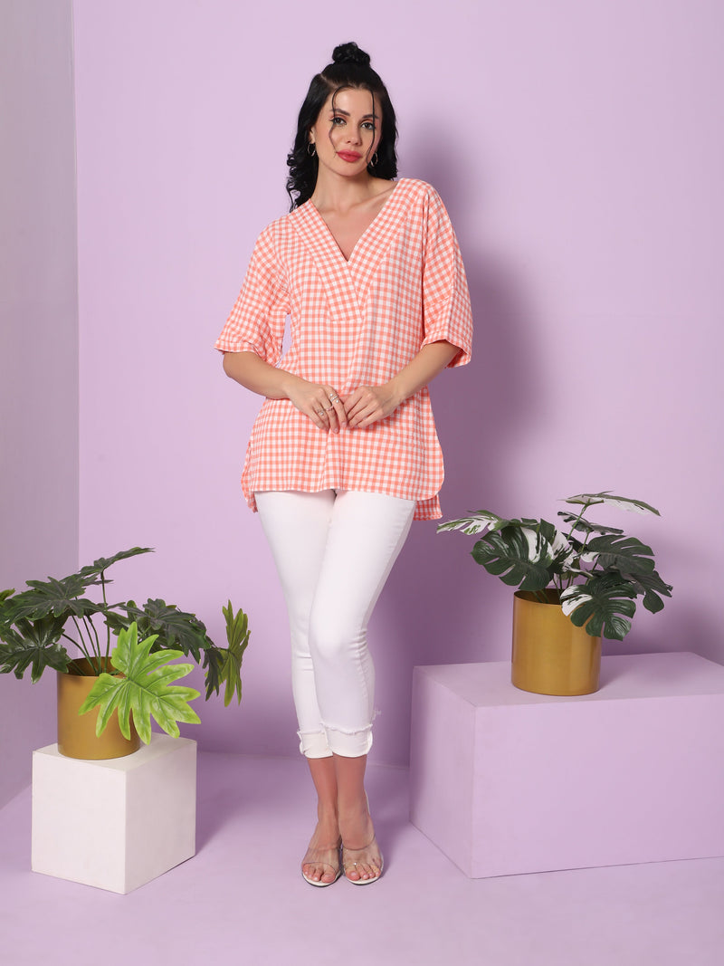 Sea & Mast - Regular Fit  Checkered Poly Blend Tunic Short Kurti, V-Neck Waist Length, Light Pink, Custom