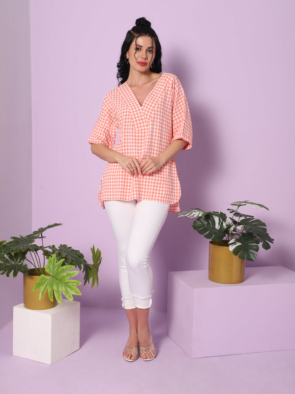 Sea & Mast - Regular Fit  Checkered Poly Blend Tunic Short Kurti, V-Neck Waist Length, Light Pink, Plus Size