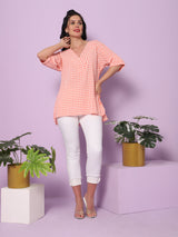 Sea & Mast - Regular Fit  Checkered Poly Blend Tunic Short Kurti, V-Neck Waist Length, Light Pink, Plus Size