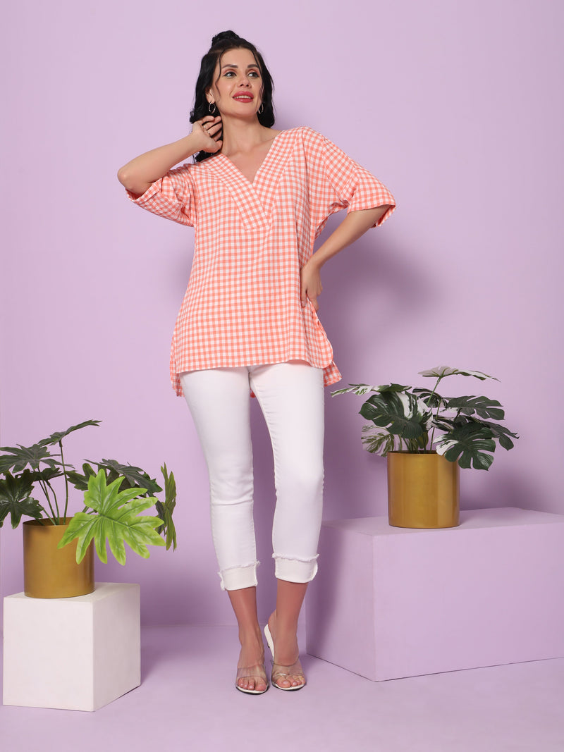 Sea & Mast - Regular Fit  Checkered Poly Blend Tunic Short Kurti, V-Neck Waist Length, Light Pink, Plus Size