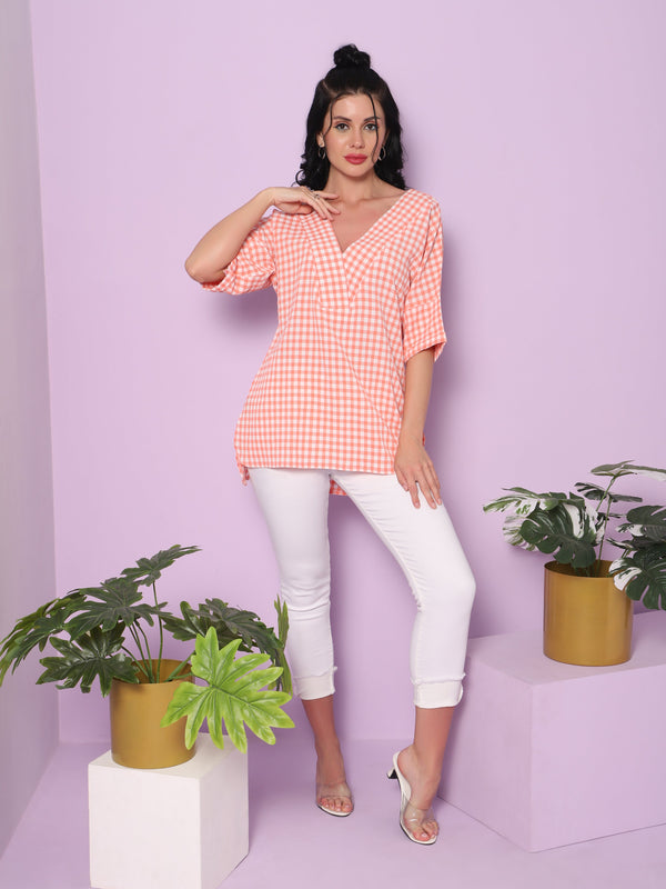 Sea & Mast - Regular Fit  Checkered Poly Blend Tunic Short Kurti, V-Neck Waist Length, Light Pink, Custom