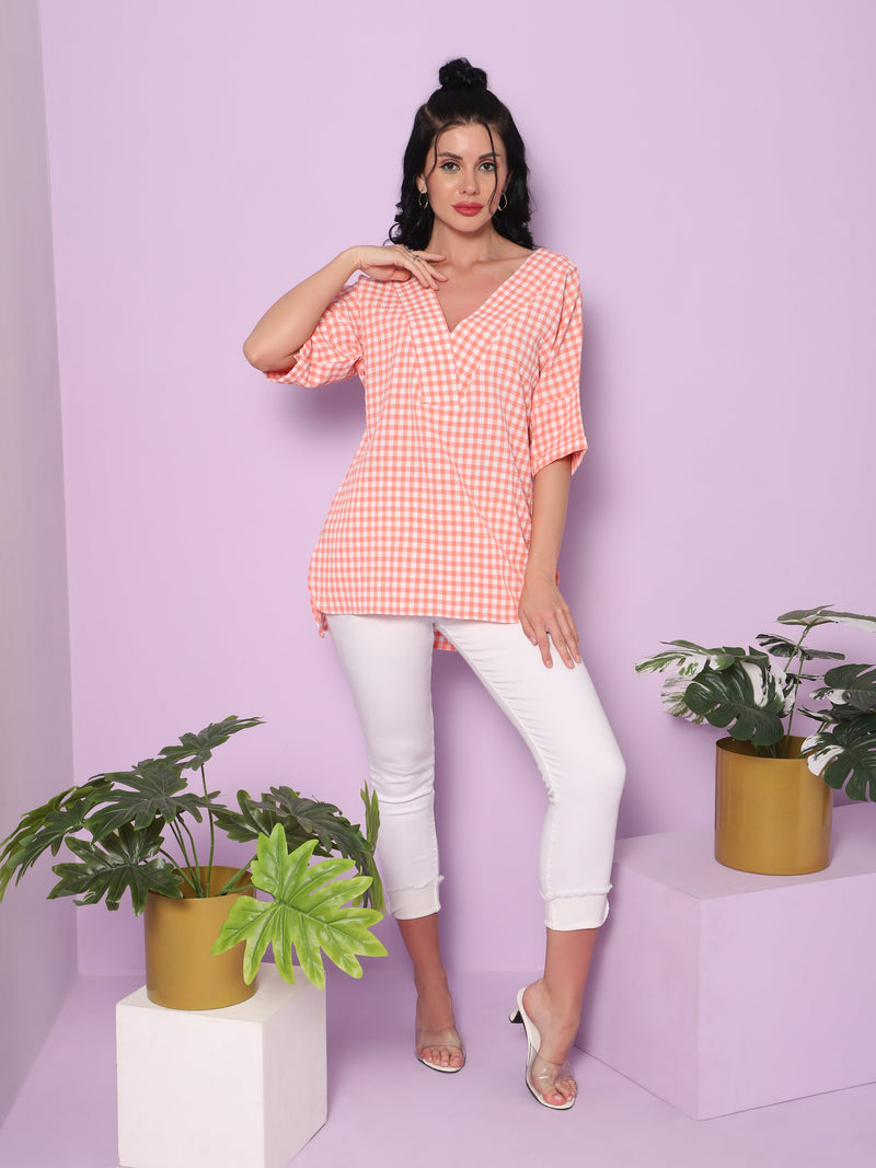 Sea & Mast - Regular Fit  Checkered Poly Blend Tunic Short Kurti, V-Neck Waist Length, Light Pink, Plus Size