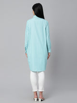 Sea & Mast - Regular Fit Striped Cotton Blend Shirt Kurti, Collared Button Closure Mid Thigh Length, Turquoise