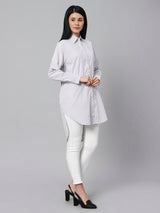 Sea & Mast - Regular Fit Striped Cotton Blend Shirt Kurti, Collared Button Closure Mid Thigh Length, White & Black