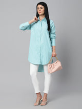Sea & Mast - Regular Fit Striped Cotton Blend Shirt Kurti, Collared Button Closure Mid Thigh Length, Turquoise