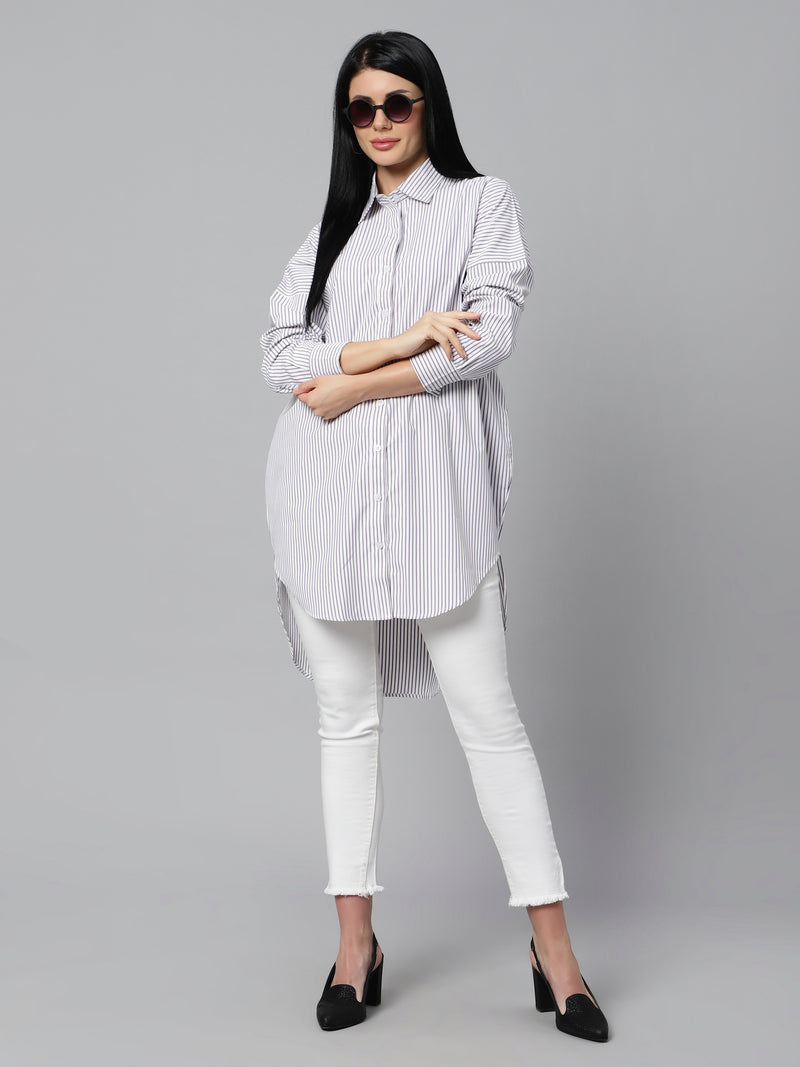 Sea & Mast - Regular Fit Striped Cotton Blend Shirt Kurti, Collared Button Closure Mid Thigh Length, White & Black