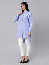 Sea & Mast - Regular Fit Striped Cotton Blend Shirt Kurti, Collared Button Closure Mid Thigh Length, Blue