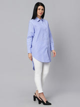 Sea & Mast - Regular Fit Striped Cotton Blend Shirt Kurti, Collared Button Closure Mid Thigh Length, Blue