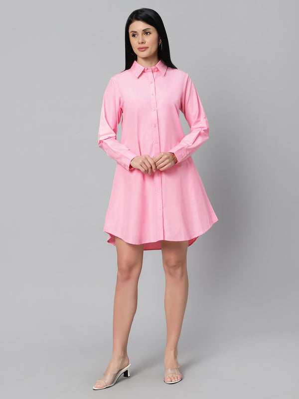 Sea & Mast - Regular Fit Solid Cotton Blend Shirt Kurti, Collared Button Closure Knee Length, Light Pink, Plus Size