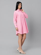 Sea & Mast - Regular Fit Solid Cotton Blend Shirt Kurti, Collared Button Closure Knee Length, Light Pink, Plus Size