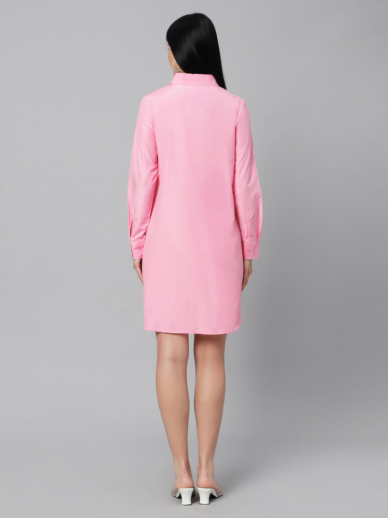 Sea & Mast - Regular Fit Solid Cotton Blend Shirt Kurti, Collared Button Closure Knee Length, Light Pink
