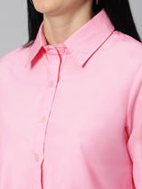 Sea & Mast - Regular Fit Solid Cotton Blend Shirt Kurti, Collared Button Closure Knee Length, Light Pink, Custom