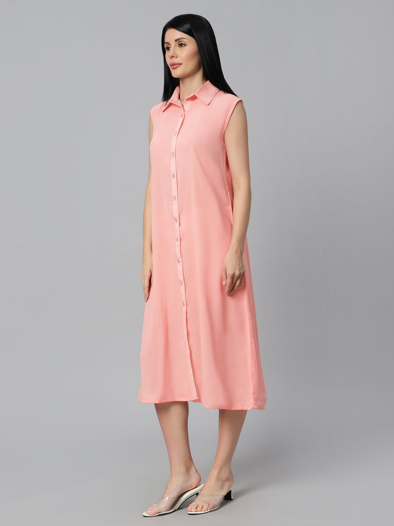 Sea & Mast - Relaxed Fit Solid Georgette Gown, Collared Button Closure Calf Length, Peach, Custom