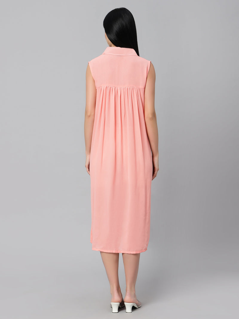 Sea & Mast - Relaxed Fit Solid Georgette Gown, Collared Button Closure Calf Length, Peach, Plus Size