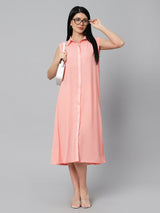 Sea & Mast - Relaxed Fit Solid Georgette Gown, Collared Button Closure Calf Length, Peach, Plus Size