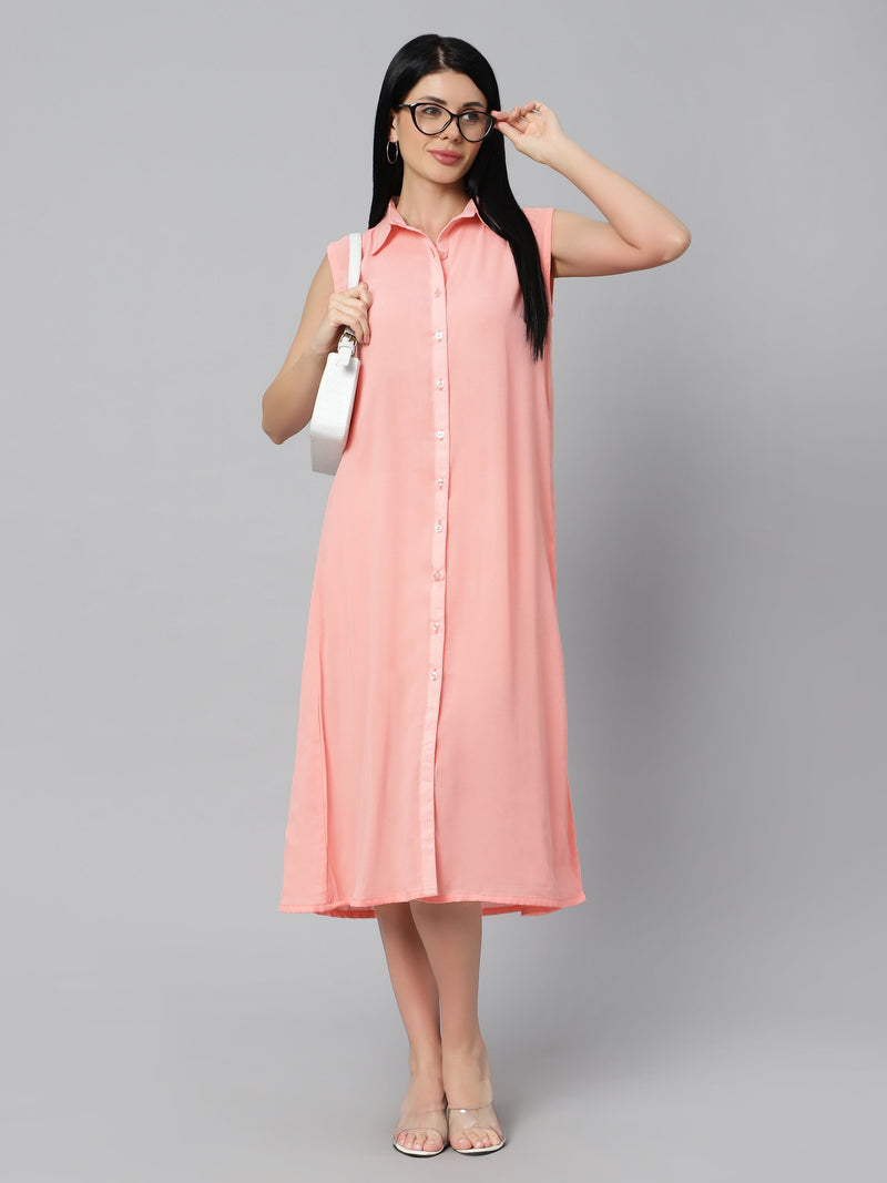 Sea & Mast - Relaxed Fit Solid Georgette Gown, Collared Button Closure Calf Length, Peach, Custom