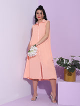 Sea & Mast - Relaxed Fit Solid Georgette Gown, Collared Button Closure Calf Length, Peach, Custom