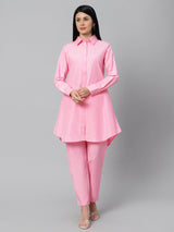 Sea & Mast - Regular Fit Solid Cotton Blend Shirt Kurti Set, Collared Button Closure Knee Length, Light Orange, Plus Size