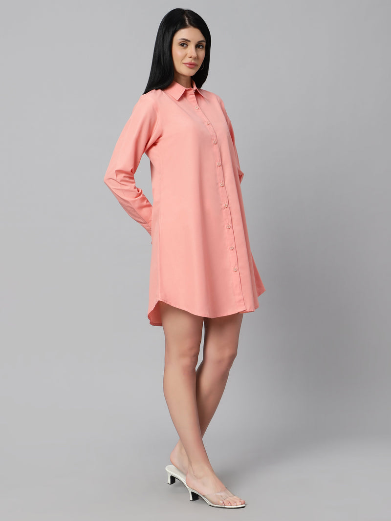 Sea & Mast - Regular Fit Solid Cotton Blend Shirt Kurti, Collared Button Closure Knee Length, Light Orange, Plus Size