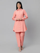 Sea & Mast - Regular Fit Solid Cotton Blend Shirt Kurti Set, Collared Button Closure Knee Length, Light Orange, Custom