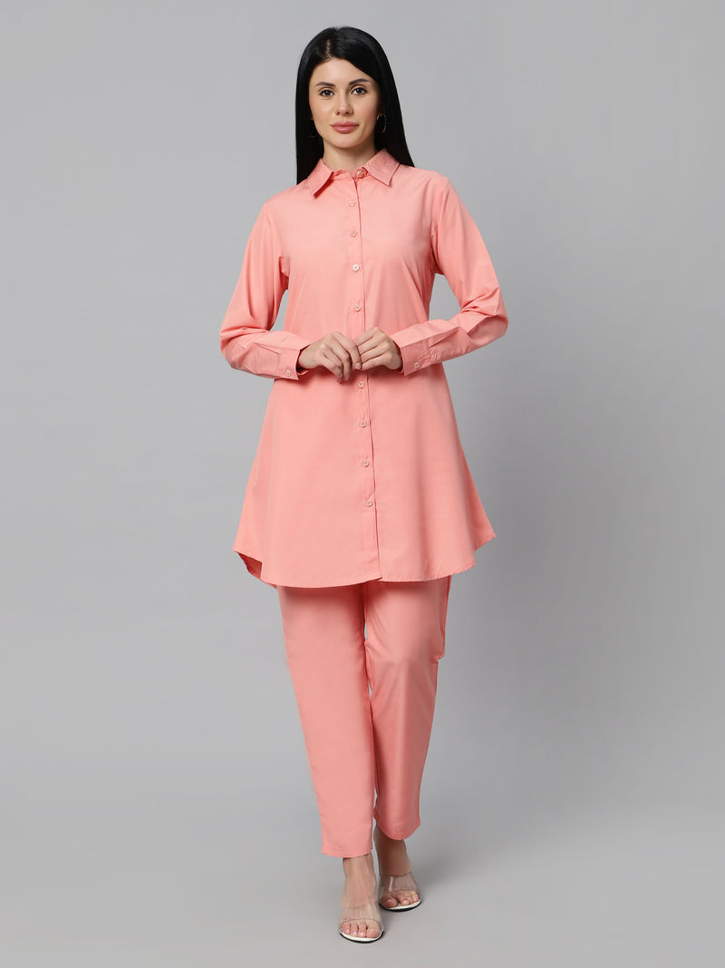 Sea & Mast - Regular Fit Solid Cotton Blend Shirt Kurti Set, Collared Button Closure Knee Length, Light Orange, Plus Size