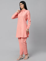 Sea & Mast - Regular Fit Solid Cotton Blend Shirt Kurti Set, Collared Button Closure Knee Length, Light Orange, Plus Size