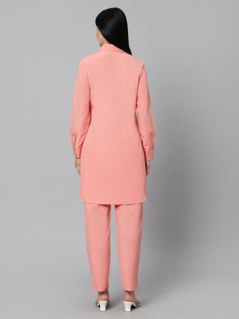 Sea & Mast - Regular Fit Solid Cotton Blend Shirt Kurti Set, Collared Button Closure Knee Length, Light Orange