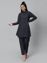 Sea & Mast - Regular Fit Solid Cotton Blend Shirt Kurti Set, Collared Button Closure Knee Length, Dark Blue, Plus Size