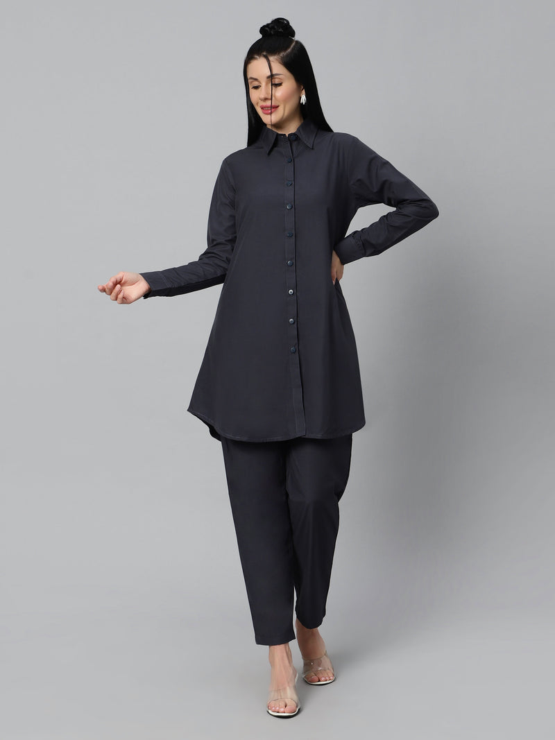 Sea & Mast - Regular Fit Solid Cotton Blend Shirt Kurti Set, Collared Button Closure Knee Length, Dark Blue, Plus Size