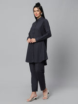 Sea & Mast - Regular Fit Solid Cotton Blend Shirt Kurti Set, Collared Button Closure Knee Length, Dark Blue, Plus Size