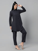 Sea & Mast - Regular Fit Solid Cotton Blend Shirt Kurti Set, Collared Button Closure Knee Length, Dark Blue, Custom