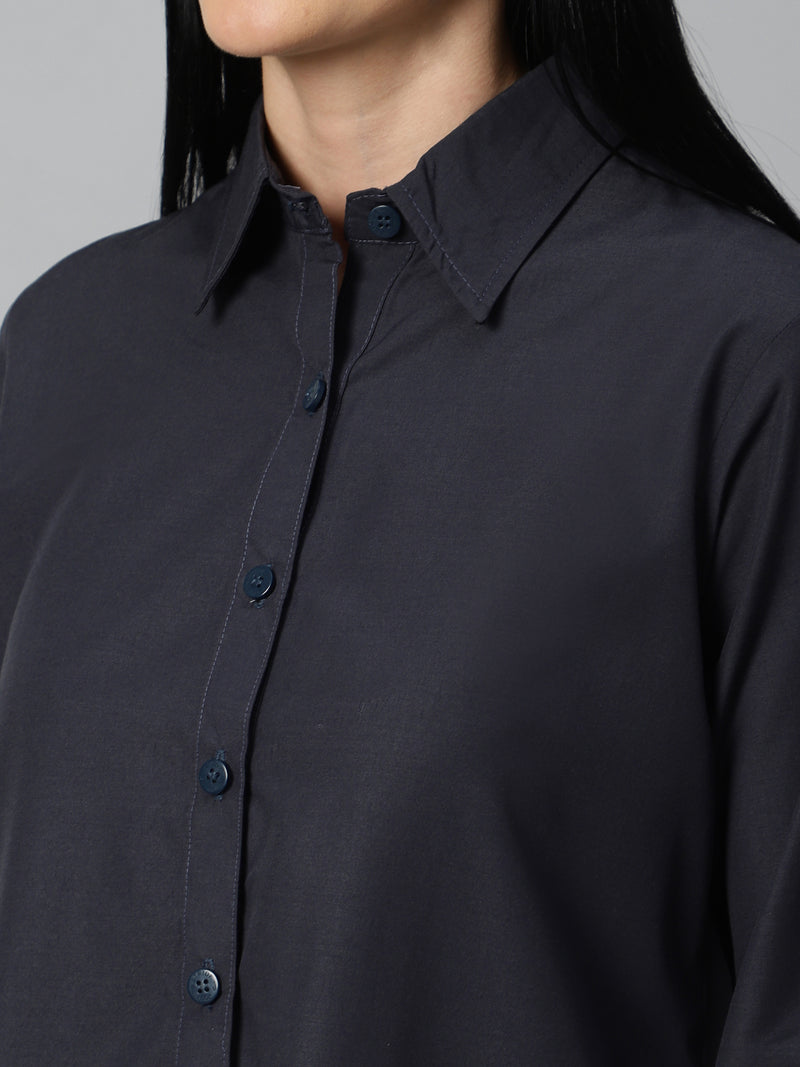 Sea & Mast - Regular Fit Solid Cotton Blend Shirt Kurti Set, Collared Button Closure Knee Length, Dark Blue