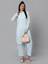 Sea & Mast - Relaxed Fit Solid Textured Georgette Kurti Set, Collared Button Closure Knee Length, Light Blue