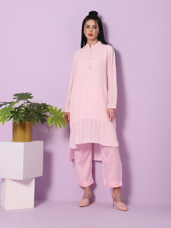 Sea & Mast - Relaxed Fit Solid Textured Georgette Kurti Set, Collared Button Closure Knee Length, Light Pink