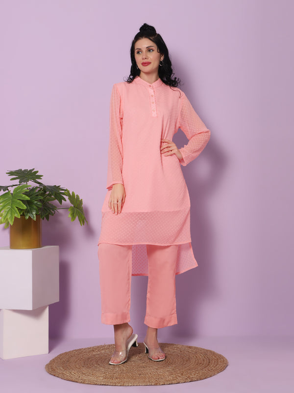 Sea & Mast - Relaxed Fit Solid Textured Georgette Kurti Set, Collared Button Closure Knee Length, Pink