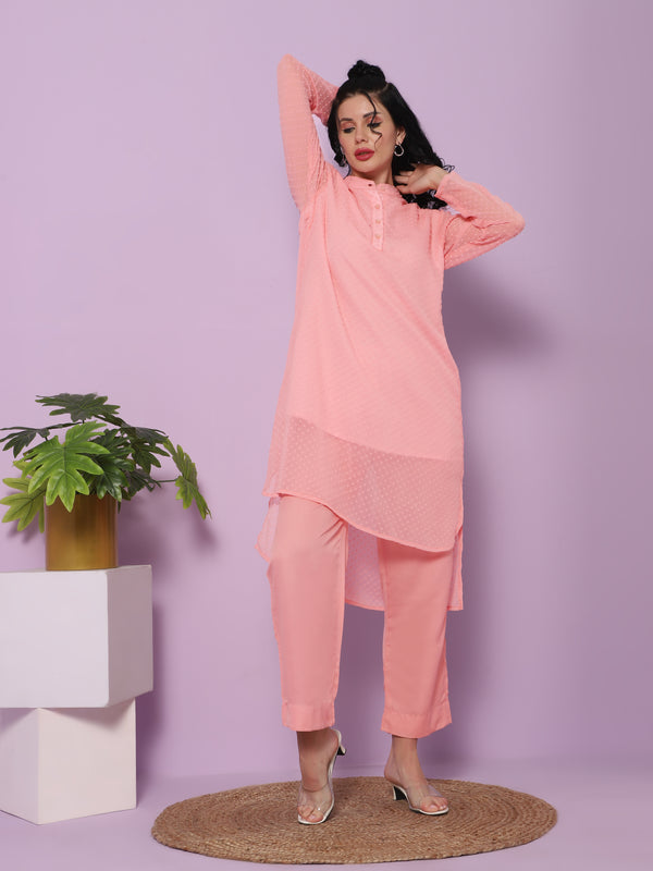 Sea & Mast - Relaxed Fit Solid Textured Georgette Kurti Set, Collared Button Closure Knee Length, Pink