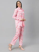 Sea & Mast - Regular Fit Marble Print Modal Cord Set, Collared Button Closure Waist Length With Elasticated Waist Pant, Pink