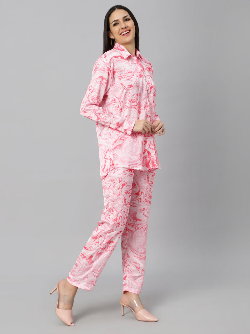 Sea & Mast - Regular Fit Marble Print Modal Cord Set, Collared Button Closure Waist Length With Elasticated Waist Pant, Pink